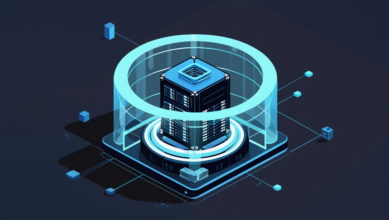 Isometric illustration of a hardened server cluster inside a glowing protective security ring